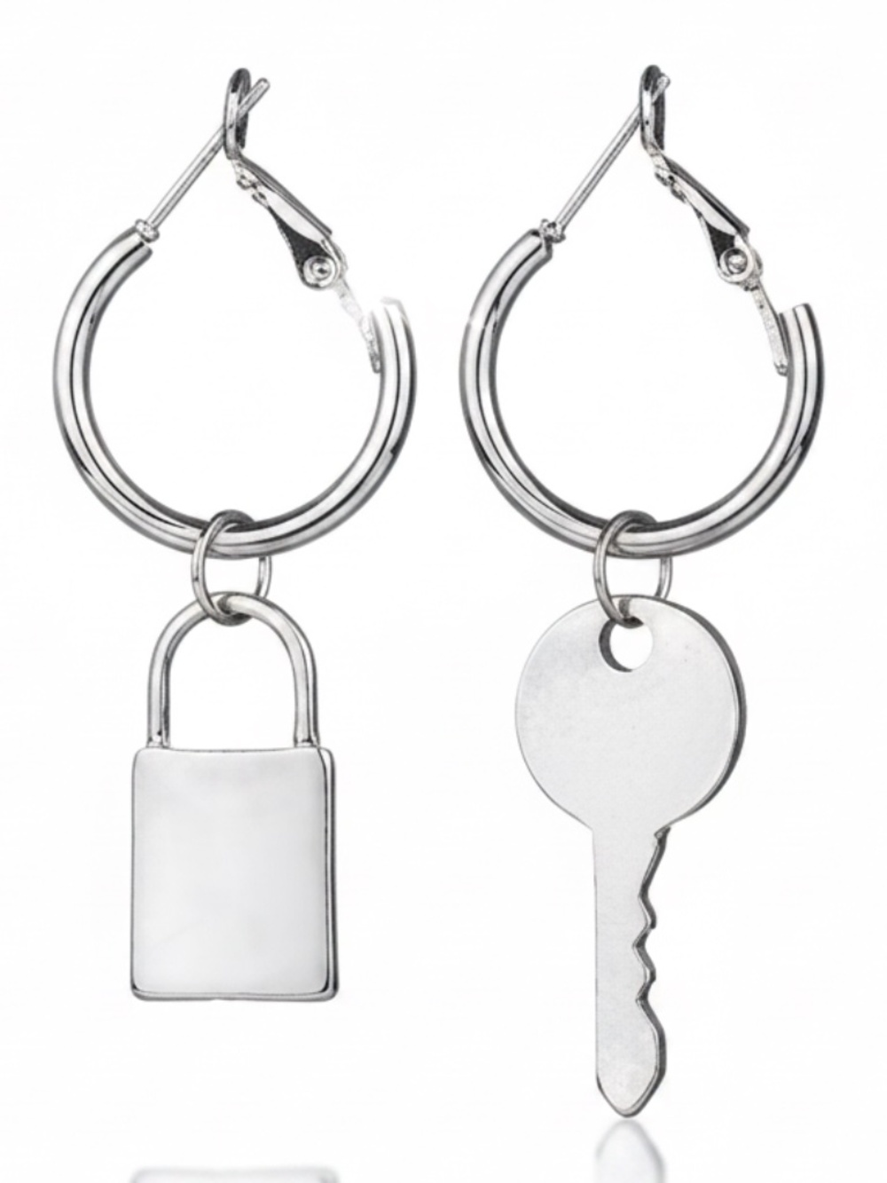 Womens Silver Lock Key Hoop Earrings